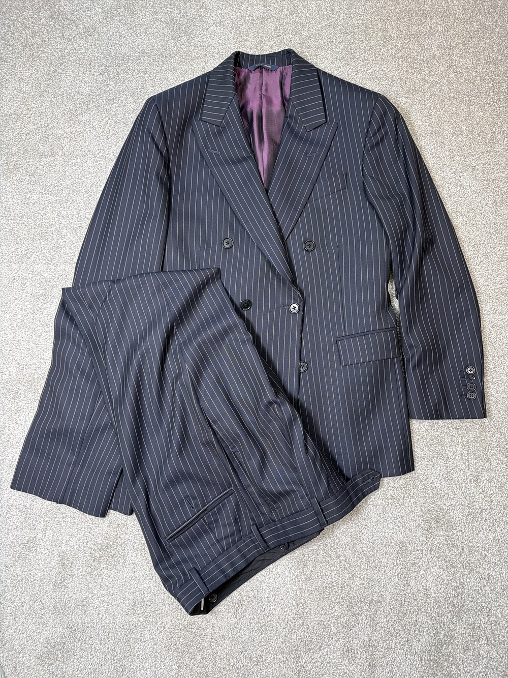 Brooks Brothers Double Breasted Navy Pinstripe Regent Suit 36S 30W
